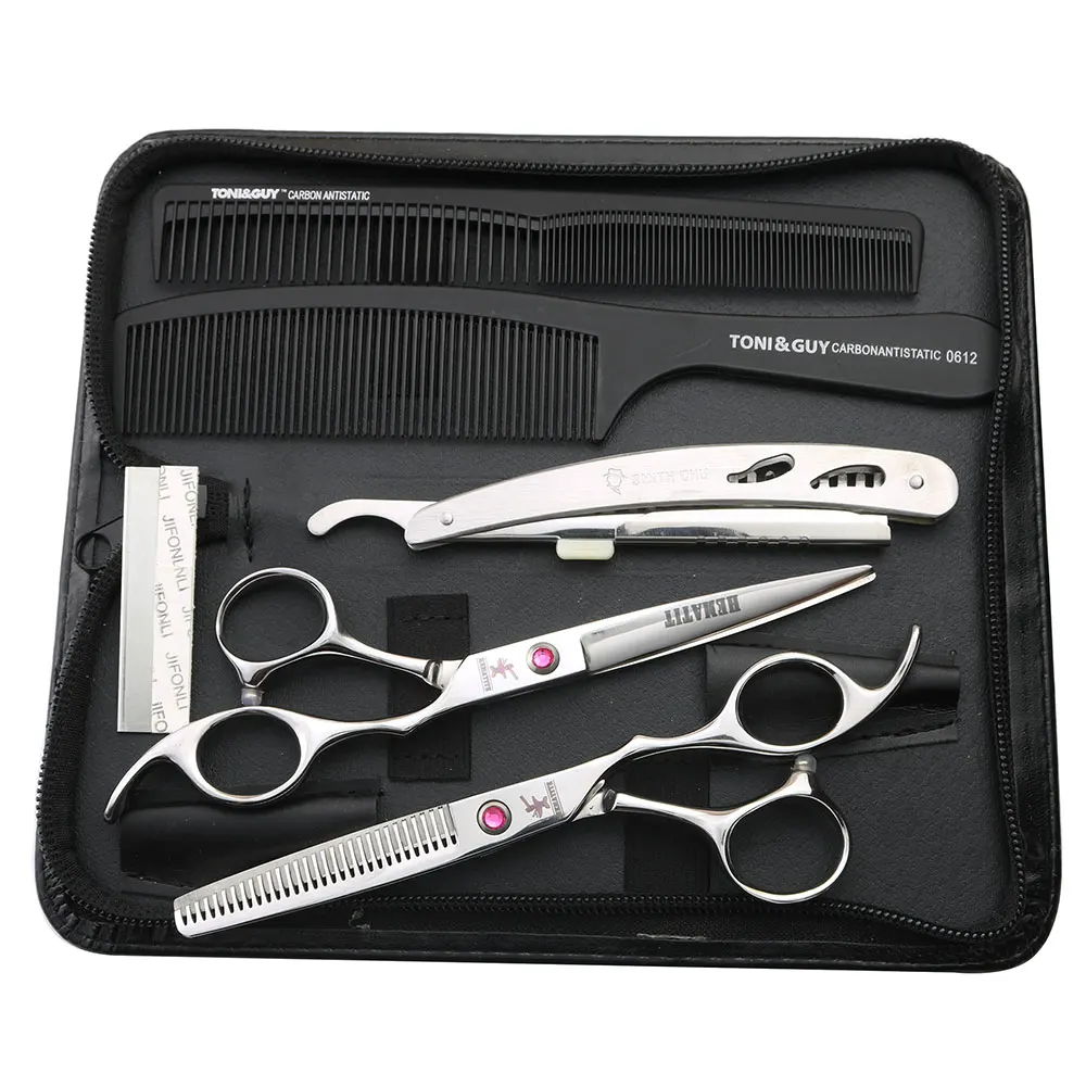 

6 inch silver hair scissors set for family or barbershop haircut cutting and thinning scissors and razor black case