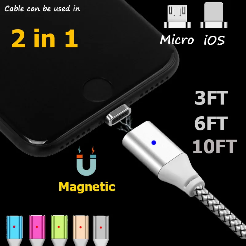 1 м/2 м/3 м Магнитный iOS/Micro зарядный плетеный кабель для Samsung S7 S6 iPhone 5 5C 5S 6 6S 7 8 Plus