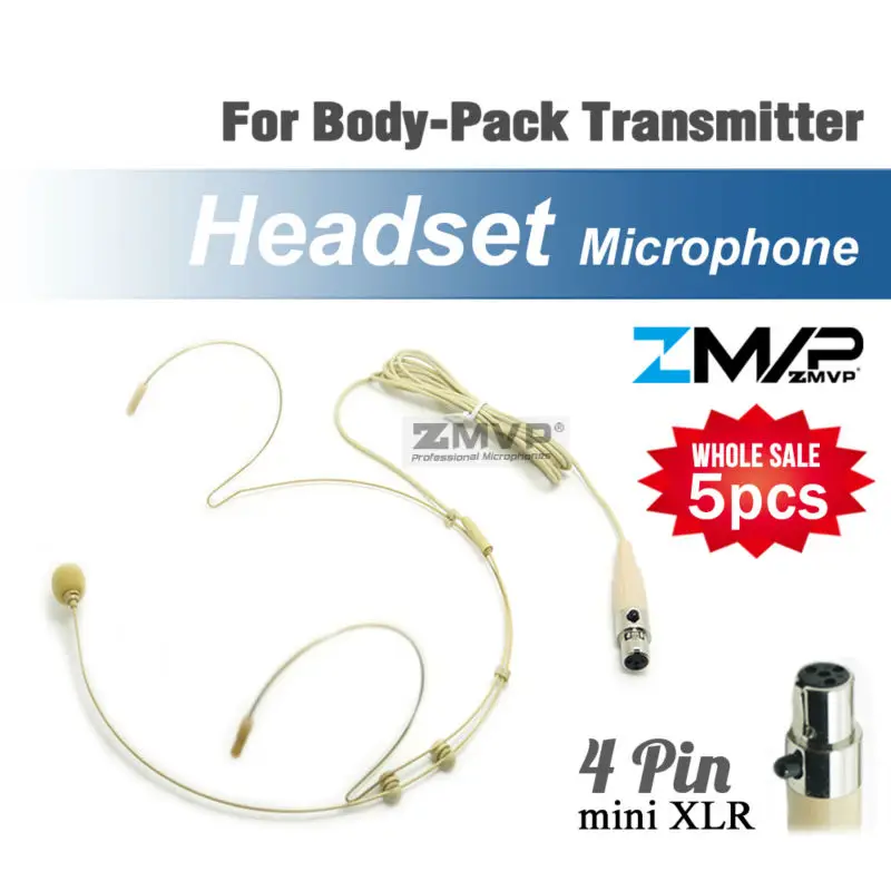 5pcs Headset Headworn Professional Condenser Microphone Mini 4pin XLR TA4F plug Mic Mike for Shure Wireless Bodypack Transmitter