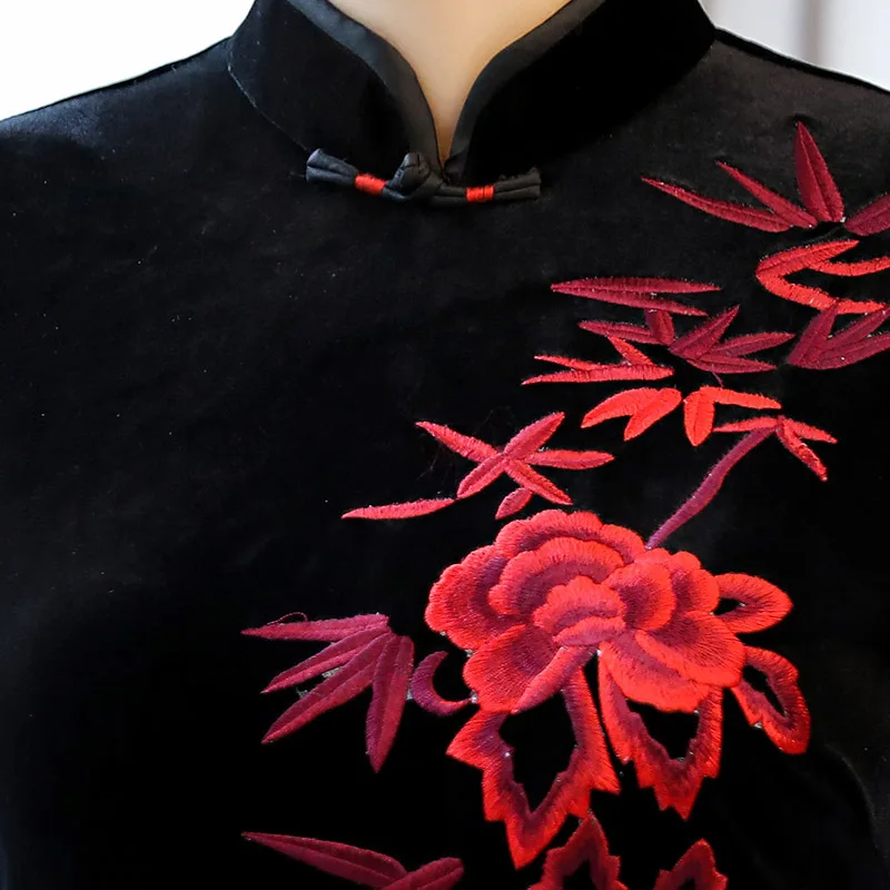 Женское велюровое платье Ципао длинное ручной работы на кнопках Размеры M L XL XXL XXXL