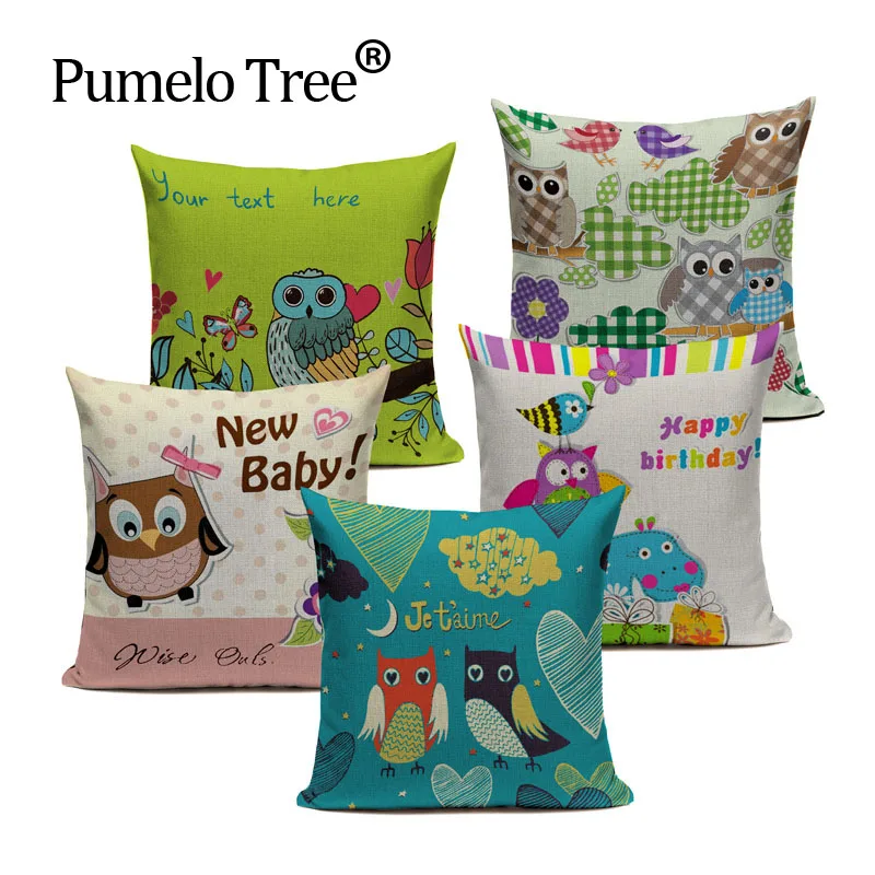 Наволочка из хлопка и льна с изображением мультяшной совы|cushion cover|square cushion covercushion