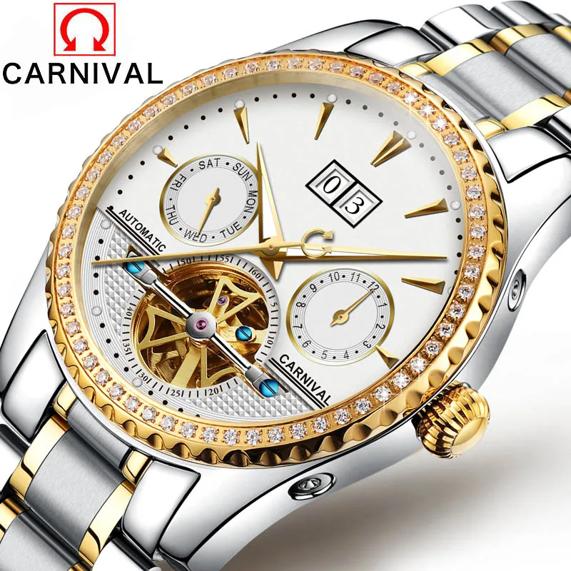 

Carnival Luxury Brand Tourbillon Mechanical Watches Men Skeleton Stylish Fashion Automatic Watches Waterproof luxury Clock