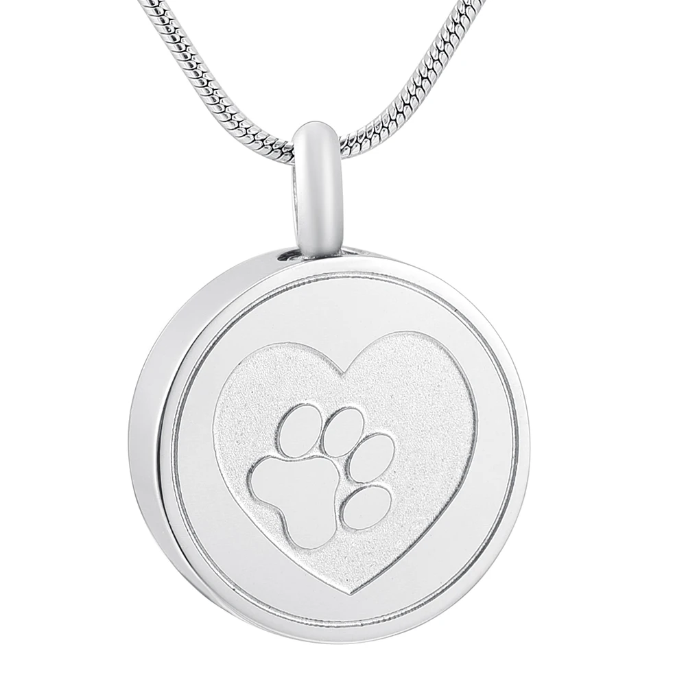 

Pet Paw Engraved Round Cremation Urn Necklace for Animal Ash Holder Memorial Jewelry Stainless Steel Ashes Keepsake Urn Pendant