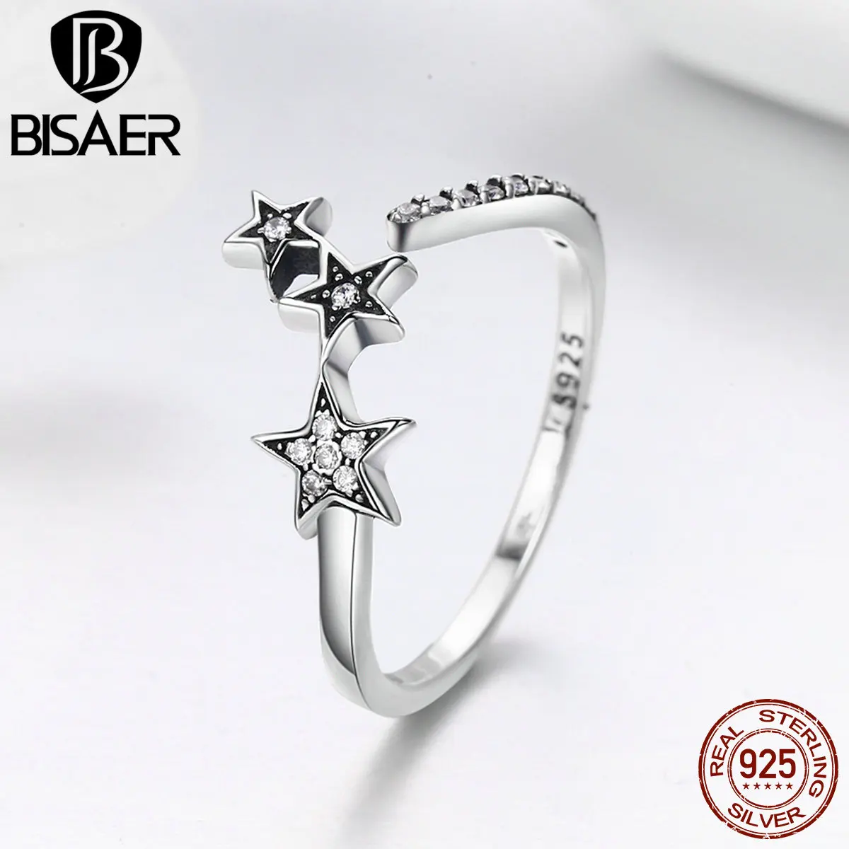BISAER Аутентичные 925 пробы серебряные регулируемые Ослепительная звезда открытые