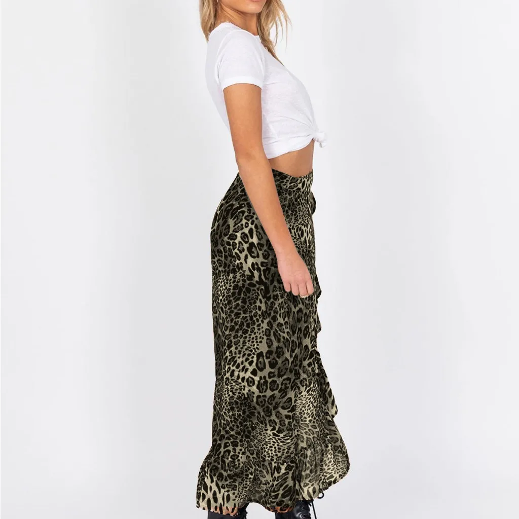 Irregular Hem Chic Beach Wrap Skirt Top Quality Fashion Women Leopard Print Elastic Waist Bandage Ruffles Casual | Женская одежда