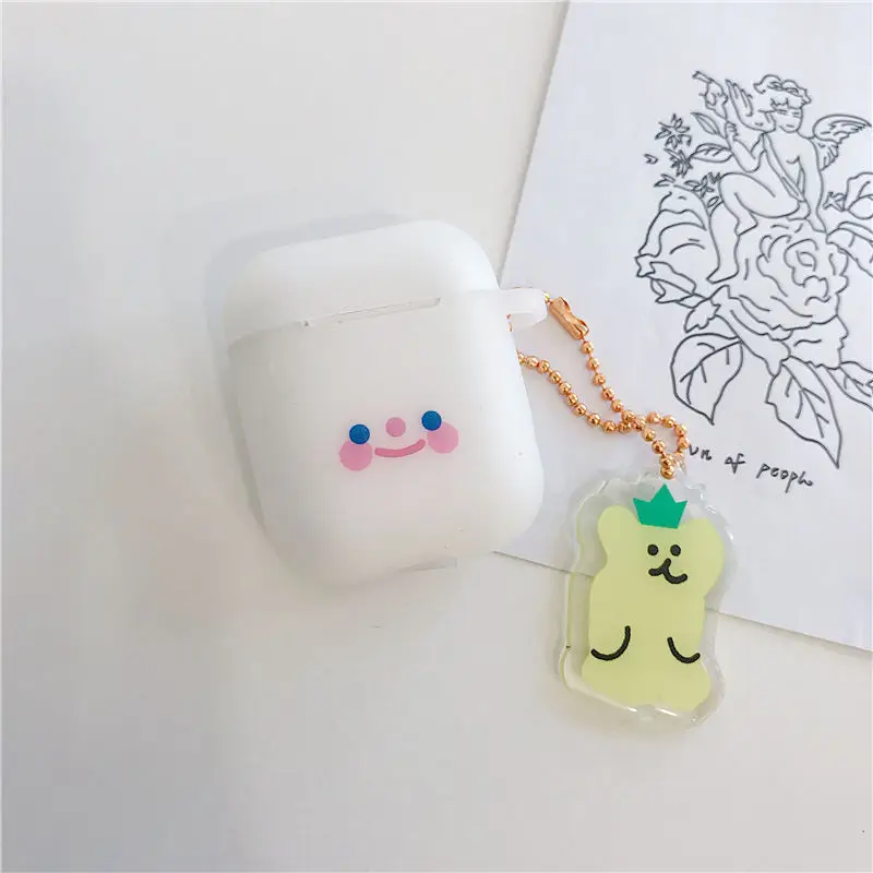 Чехол для наушников с Bluetooth для Airpods, силиконовые милые аксессуары для airpods 2, Защитная крышка с брелком, мультяшный смайлик - Цвет: Серебристый