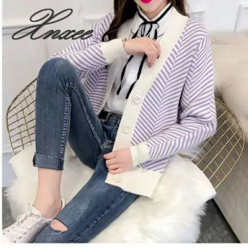 

Xnxee2020 new women's striped ladies sweater loose net red simple outside knitted cardigan women autumn and winter tide