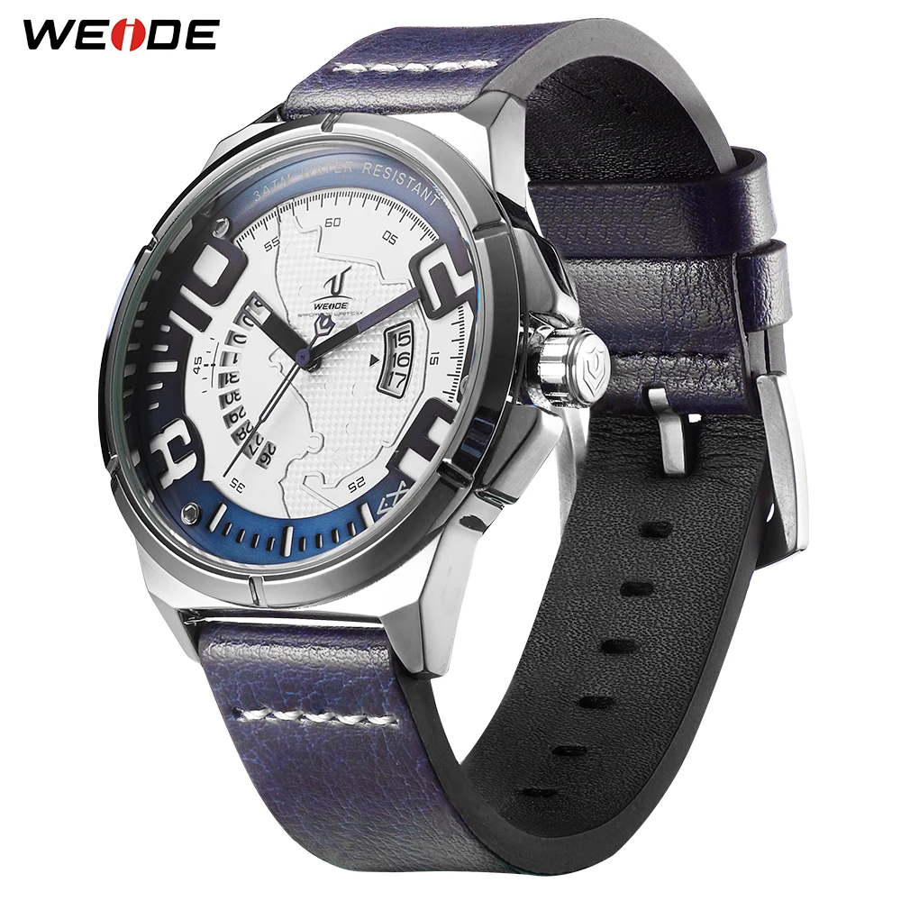 WEIDE Роскошные кожаные мужские Аналоговые кварцевые часы с календарем спортивные