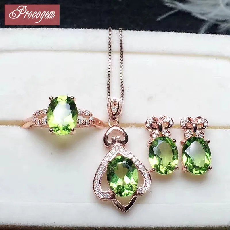 Natural Peridot Jewelry sets for Women Heart Butterfly Genuine stone Necklace/Ring/Stud Earrings fine gift S925 #113 | Украшения и
