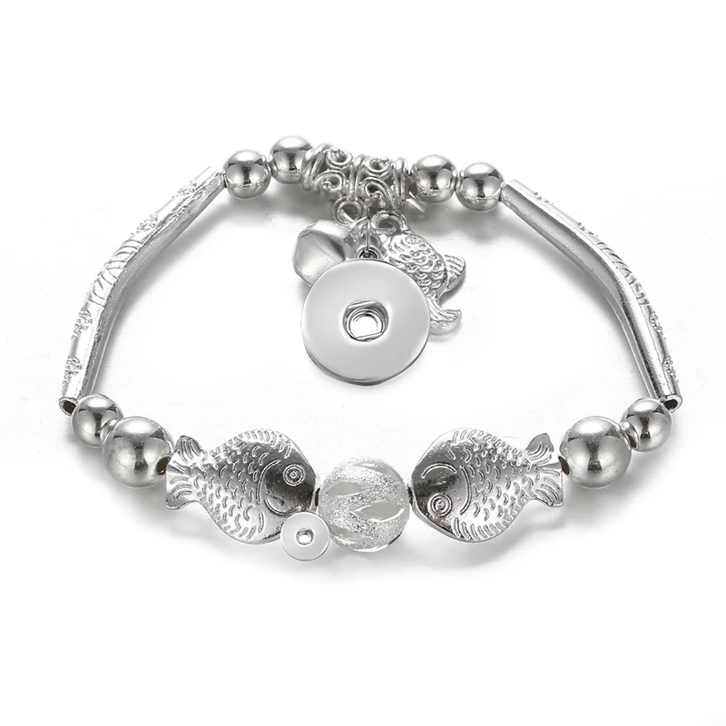 AB0072 Beauty Silver plated Fish Beads snap bracelet Elastic Fit 18mm buttons DIY jewelry charm wholesale | Украшения и