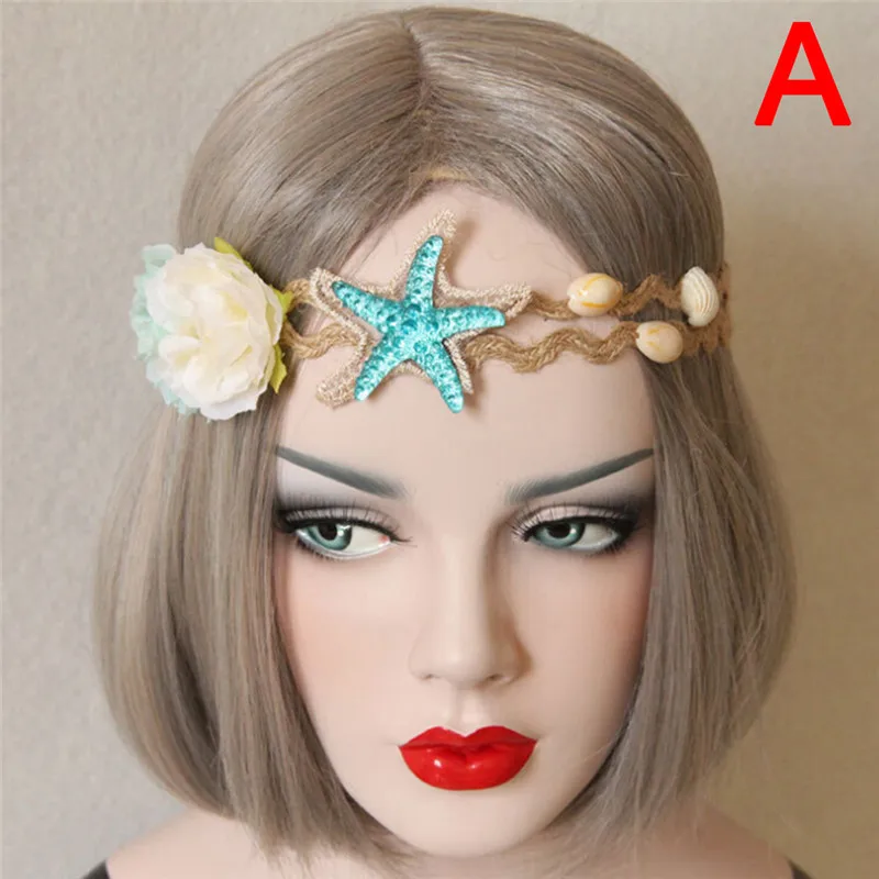 1PC Handmade Lace Artificial Flowers Starfish Hemp Twine Nature Shell Hairbands Women Headband Hair Jewelry size: 6 x 5.5 cm |