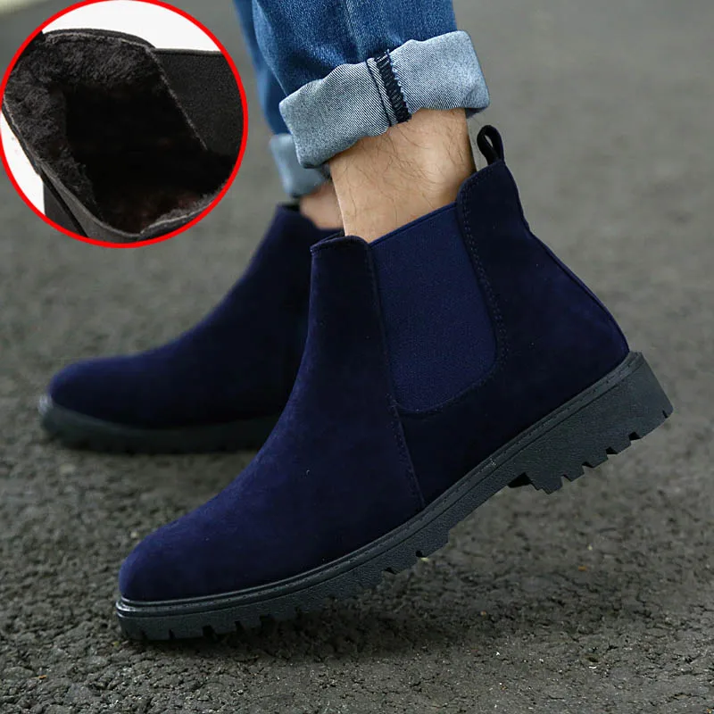 Blue With Fur GNOME/замшевые ботинки «Челси»; Мужская модная обувь длиной до щиколотки; мужские уличные ботинки из флока; Швейные Винтажные ботинки; Ayakkabi - Цвет: Blue With Fur