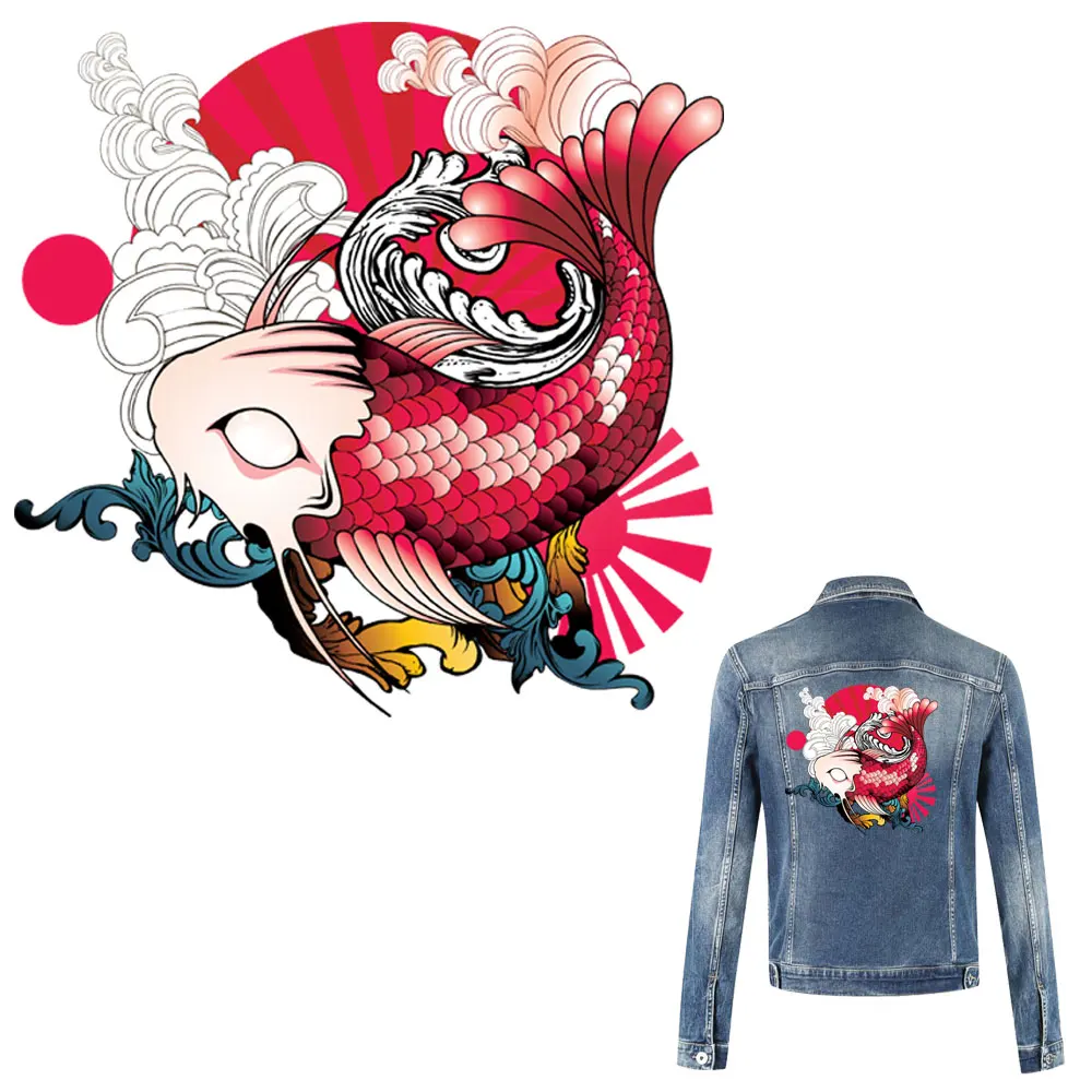 

large patch japanese cartoon tiger fish iron on stickers patches for clothing heat transfer t-shirt jean applique ropa big size