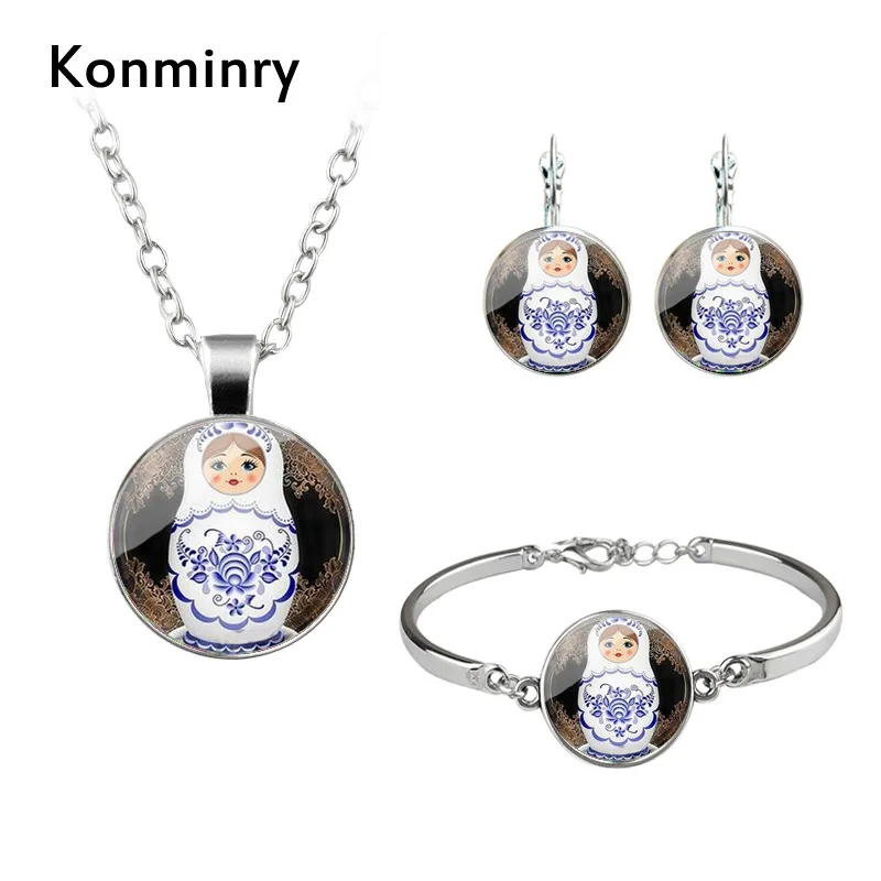 4 Konminry традиционные русские украшения для кукол набор стеклянная подвеска Матрешка ожерелье в форме Луны серьги наборы для девочек и женщин - Окраска металла: 4