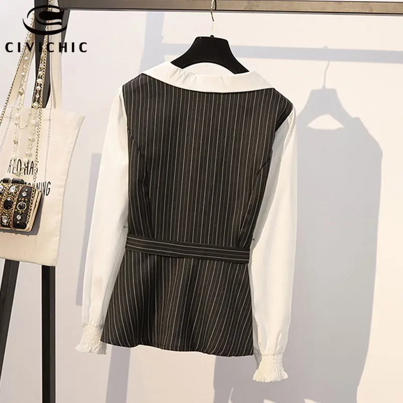 CIVI CHIC Big Size Women V Neck Pullover Shirt Striped Pants 2 PCS Set Spring Long Sleeve Tops Slim Trousers OL Two Piece WSET11 |