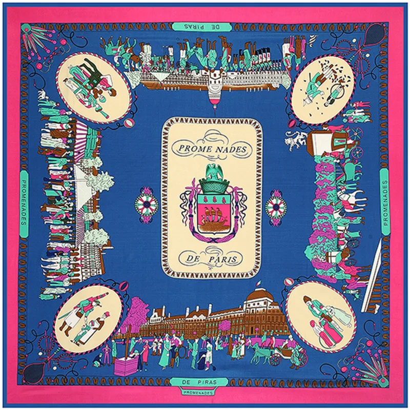 Европейский стиль 100% шелковый квадратный шарф вокруг Парижа Модный женский с