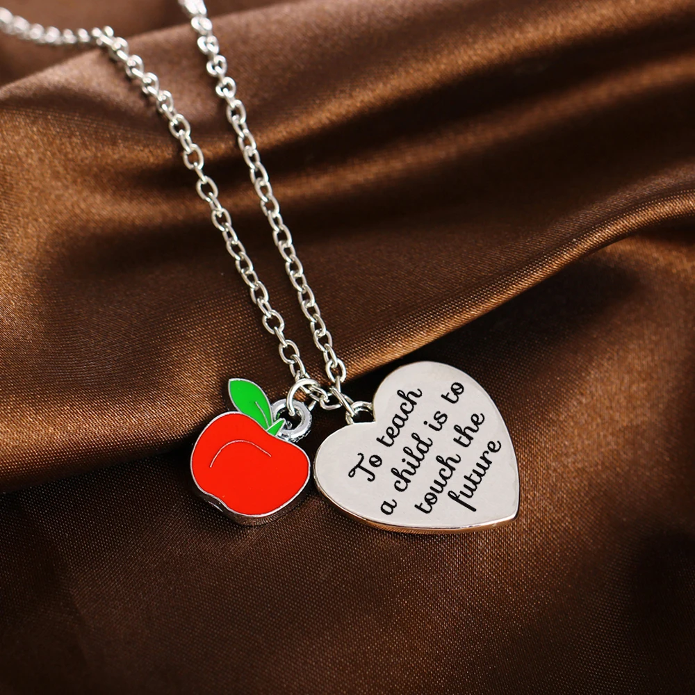 

12PC/Lot Teachers Gifts Apple Heart Pendant To Teach A Child Is To Touch The Future Chain Necklace For Teacher Jewelry Presents