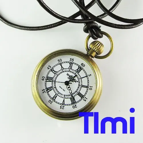 Новый художественный Мини Размер механические карманные латунные часы + кожаная