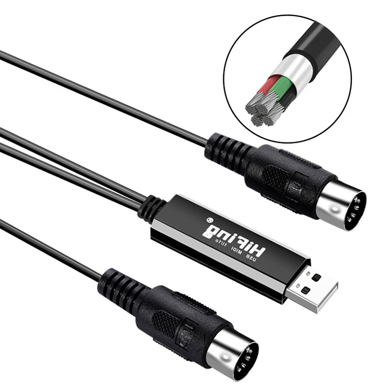 Конвертер/адаптер интерфейса USB IN-OUT MIDI с 5-контактным DIN кабелем для ПК/ноутбука/Mac