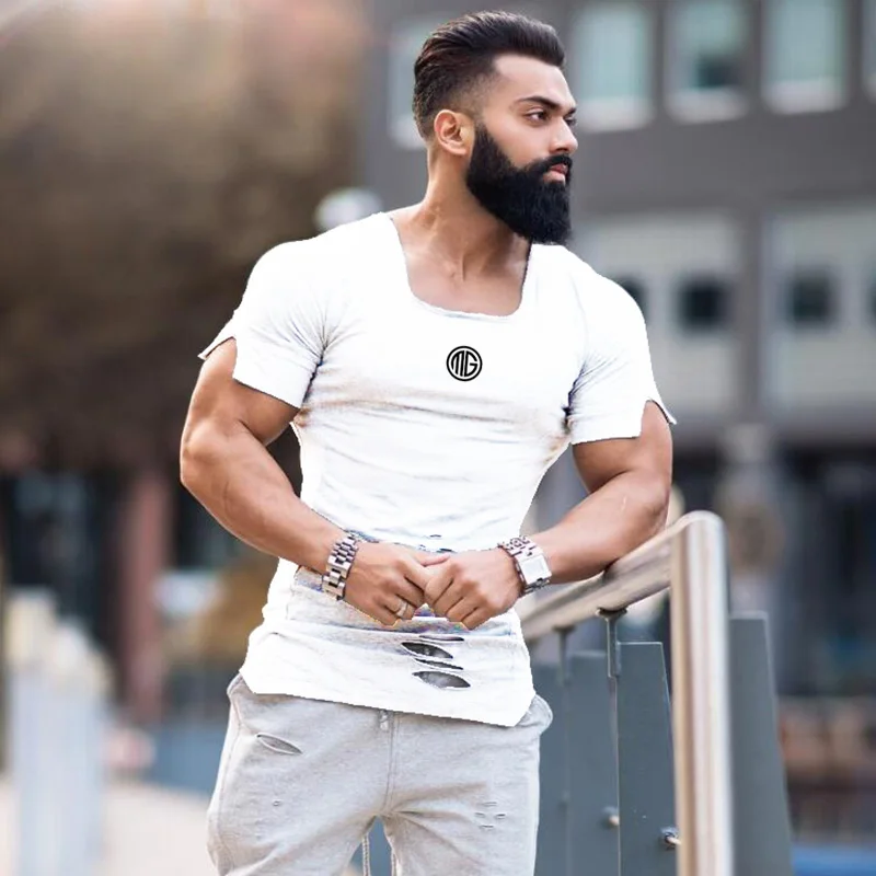 New 2020 Cotton Men's T shirt Vintage Ripped Hole T-shirt Men Fashion Casual Top Tee Men Hip Hop Activewears Fitness Tshirt Male