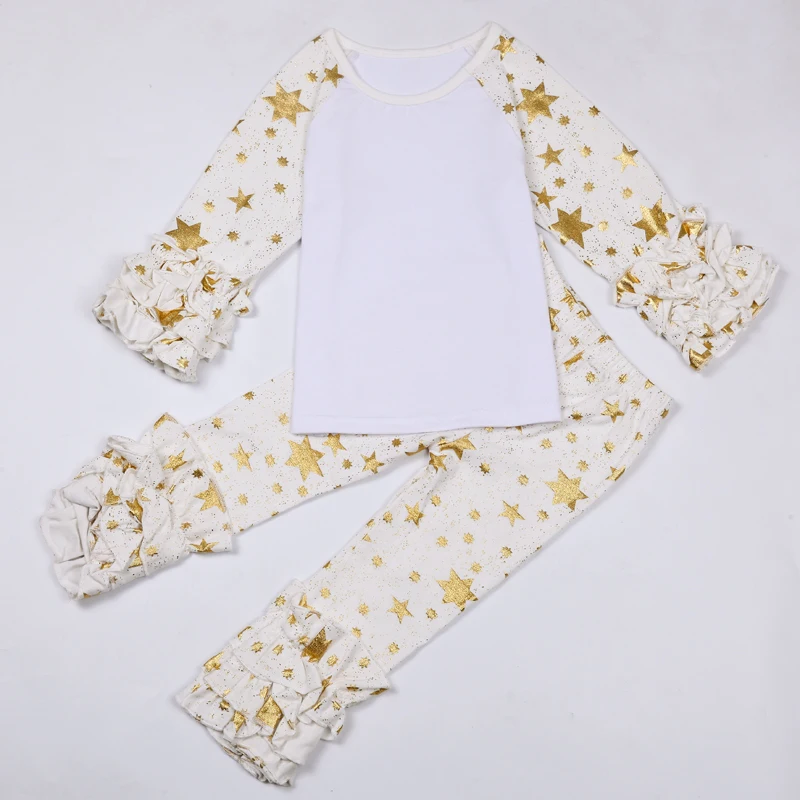 Snow and Star printed Baby Girls Cotton Monogrammed Ruffle Long Sleeved Shirts with ruffle Raglan pants outfit set | Детская одежда и