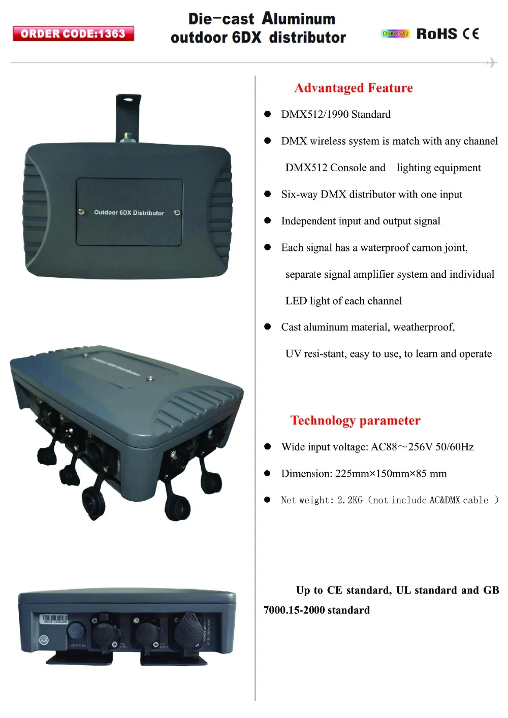 Литье под давлением алюминиевый водонепроницаемый корпус TP-D1363 6 способ DMX 512 сплитер консоль сигнал дистрибьютор профессиональный