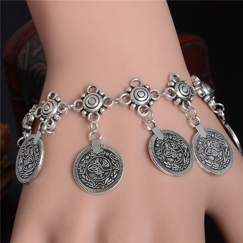 

Boho Silver Coin Bracelet Adjustable Floral Gypsy Beachy Ethnic Tribal Festival Jewelry Turkish Bohemian