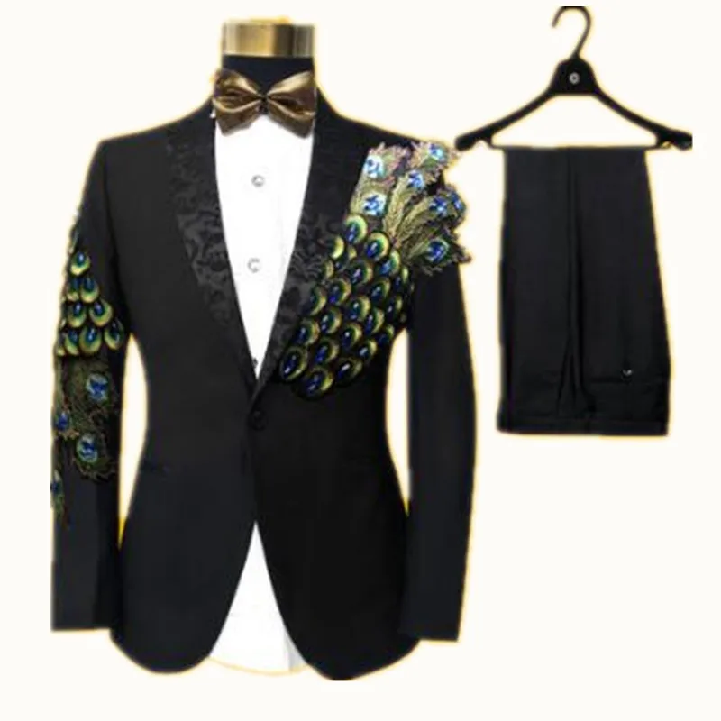 Элегантные черные мужские костюмы с вышивкой павлина 2017 смокинги для вечеринки