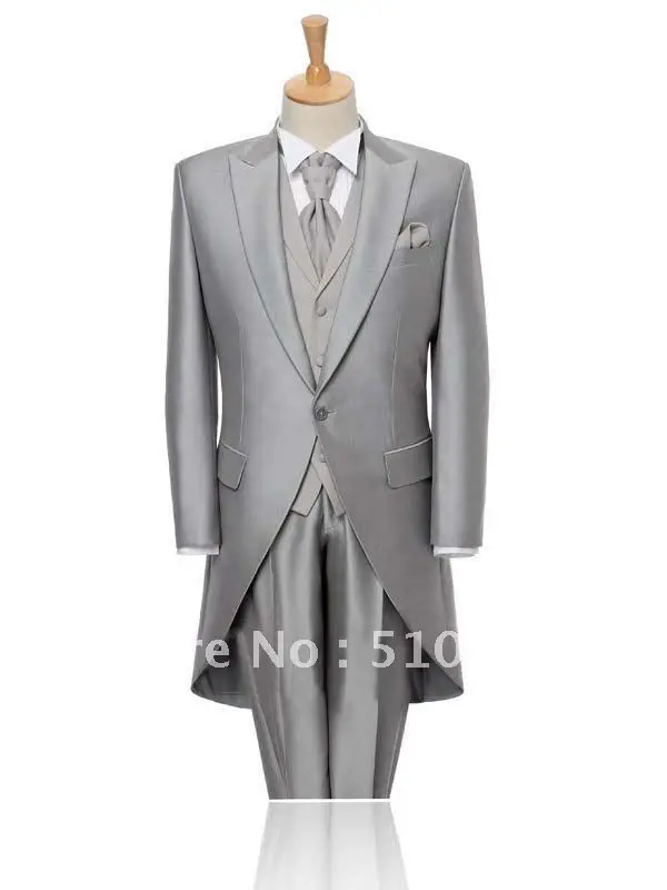 Custom made One Button Light Grey Peak lapel GroomTuxedos Best Man Groomsmen Prom Suits Men Wedding Suits(Jacket+Pants+vest+Tie)