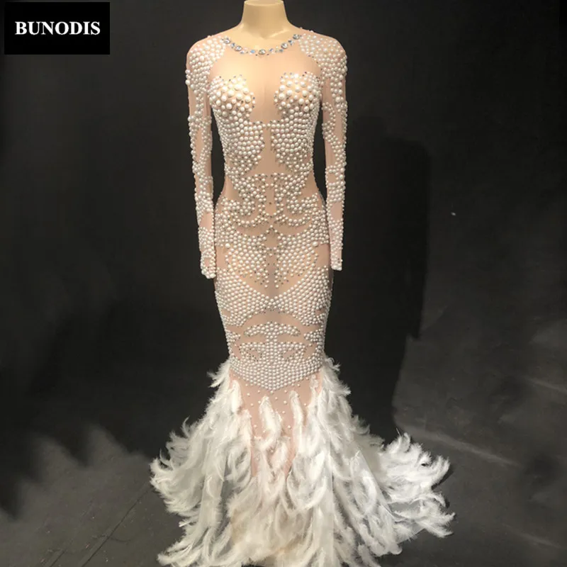 ZD27103 Women Sexy Long Skirt Simple Version Material Spandex Sparkling Crystals Pearl White Feather Tail Fashion Show Costumes | Женская