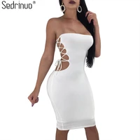 sedrinuo summer 2019 fashion strapless off shoulder sexy club dress lace up waist hollow out bodycon women white dresses