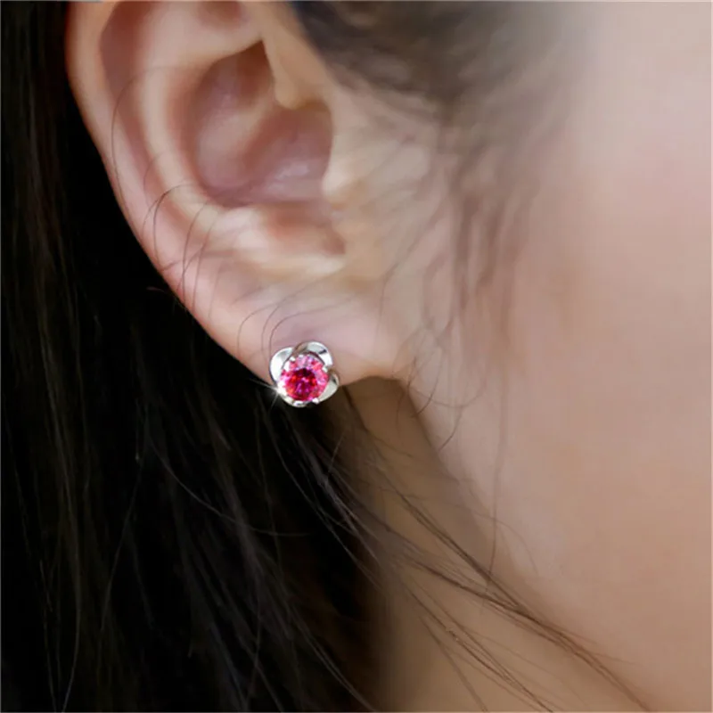 Женские серьги гвоздики из 100% серебра S925 пробы с красным камнем роскошные