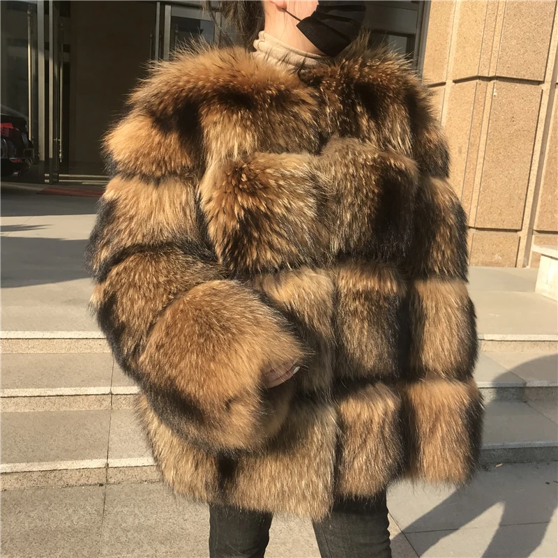 Пальто из натурального меха енота женская зимняя теплая куртка 2019 модная шуба