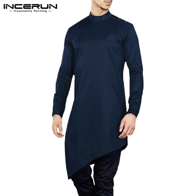 Blue INCERUN, мужская рубашка, костюм с длинным рукавом, с неровным подолом, топы, мусульманская, Исламская одежда для мужчин, непальский стиль, одноцветные, повседневные рубашки - Цвет: Blue