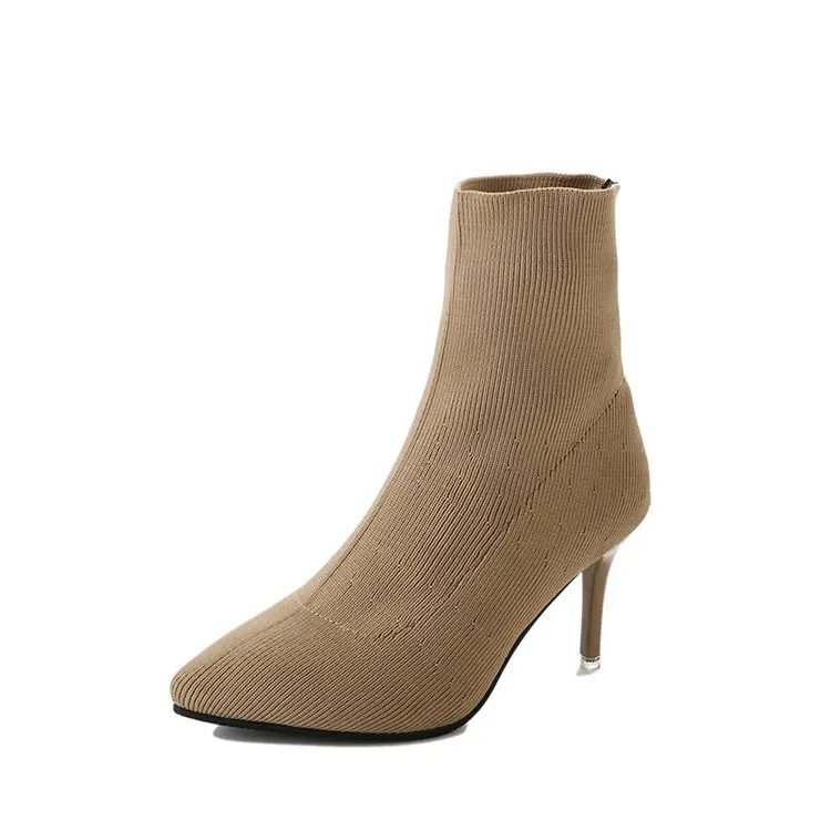 Khaki Модные женские ботинки короткие сапоги на высоком каблуке из эластичной ткани роскошные пикантные женские сапоги до середины голени с острым носком для верховой езды - Цвет: Khaki