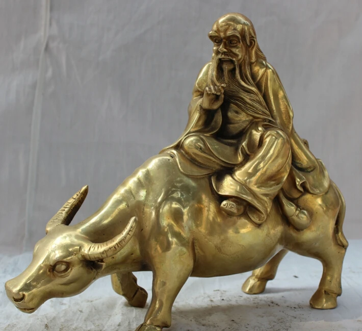 song voge gem S4956 9&quot Chinese Brass Taoism Literati Philosopher Lao Zi Tzu Ride Bull Ox Statue | Дом и сад