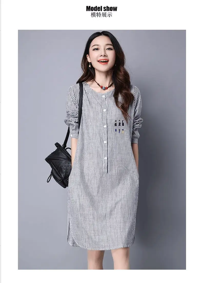Платье в полоску Clobee 2017 Vestidos женское хлопковое льняное осеннее платье Robe Mori