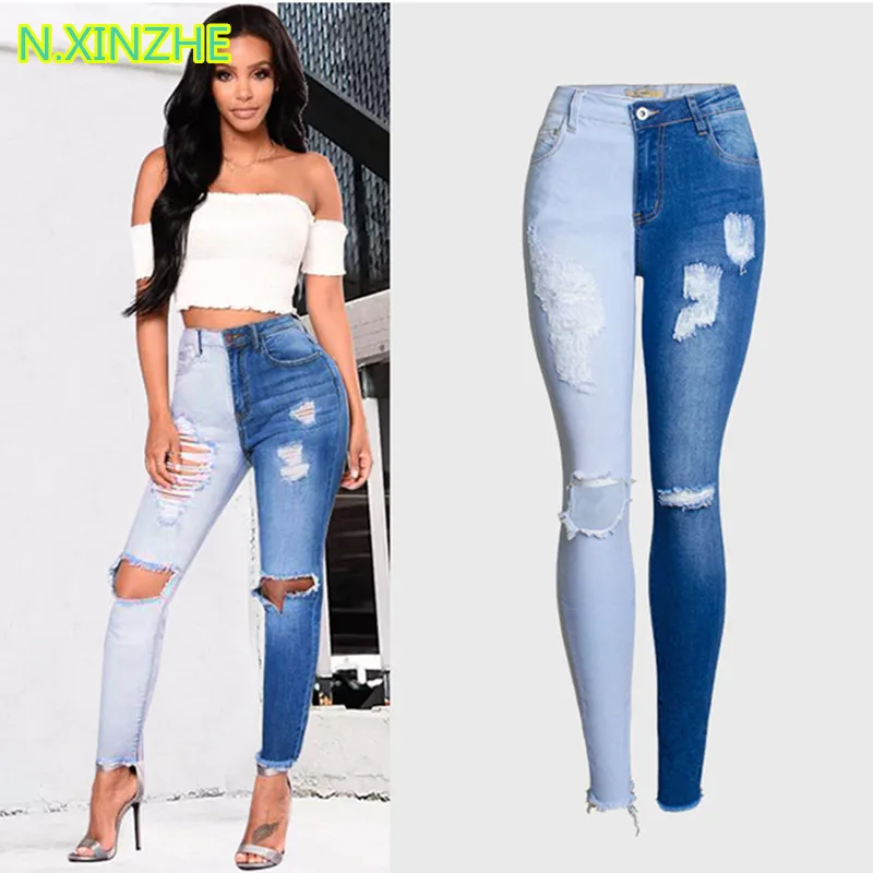 2018 женская одежда со средней талией узкие Стрейчевые брюки карандаш с дырками из