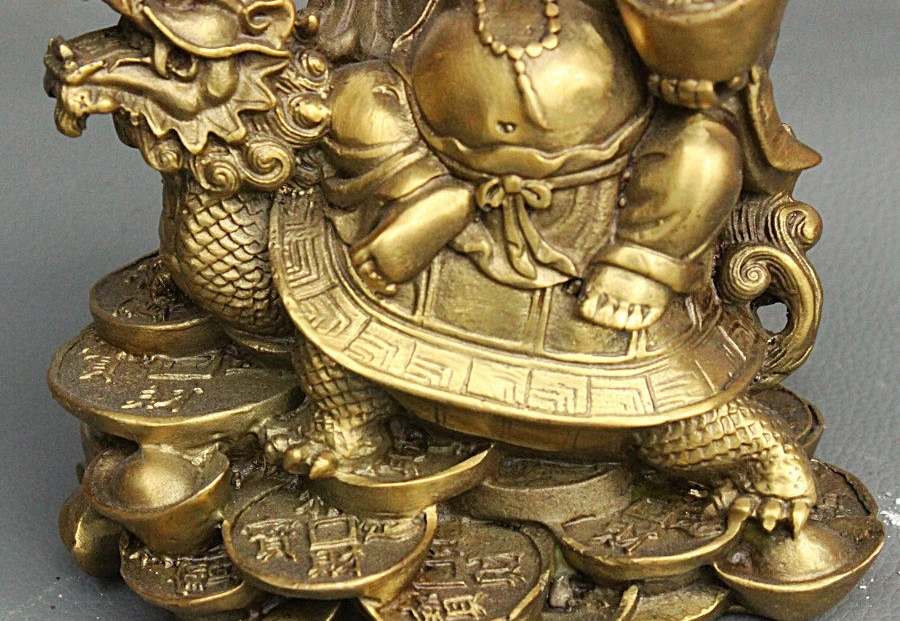 Китай латунь для богатства с юаньбао монетами Gourd Maitreya Будда езда статуя дракона