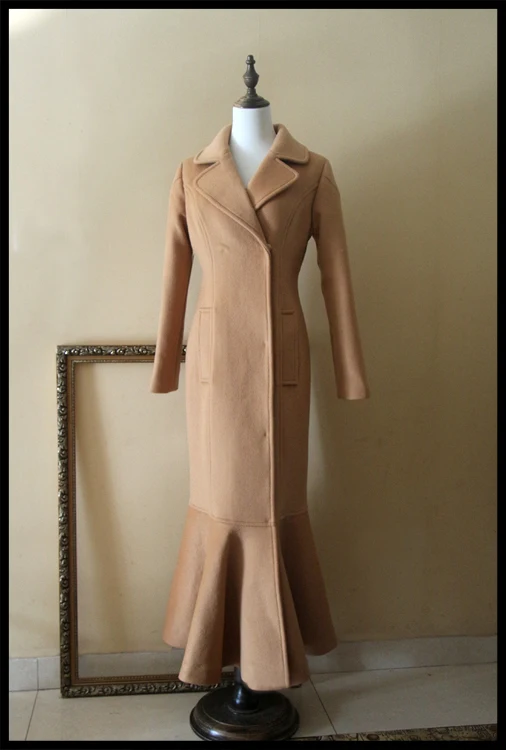 Размера плюс 2XL Винтаж Для женщин, длинное шерстяное пальто, новинка зимы, Подчеркивающая фигуру Русалка пальто из шерсти и синтетического волокна