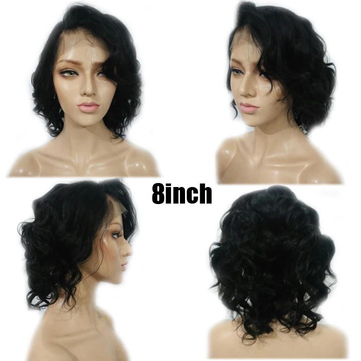 Sunnymean 13x4 Короткие Волнистые парики из натуральных волос на фронте шнурка 130% боковая часть предварительно Сорванные бразильские волосы Remy на фронте шнурка с волосами младенца