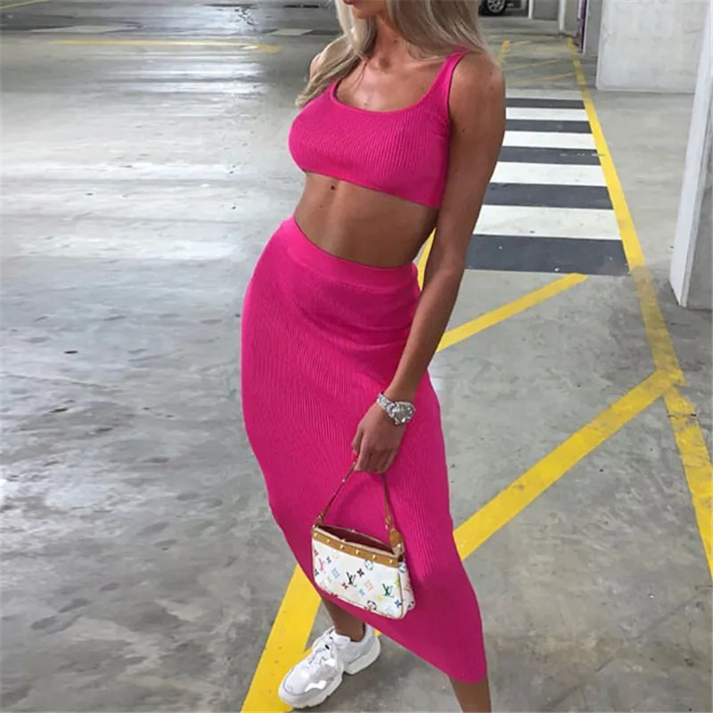 2019 Summer Women Two Piece Set Skirt Crop Top Sexy Knitted Festival Party Tracksuit Clothes Bodycon |