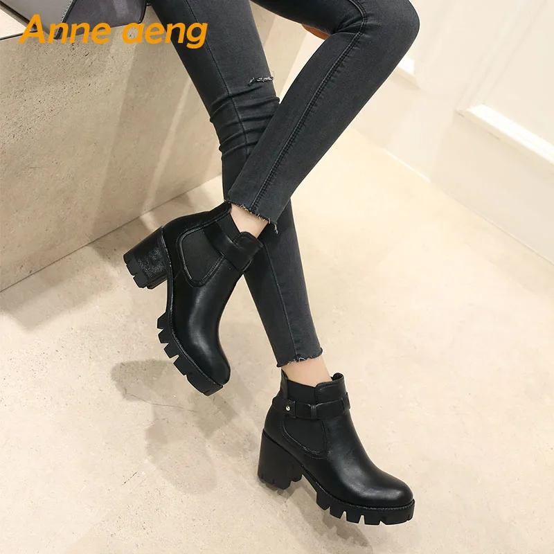 Женские ботильоны на платформе черные ботинки высоком каблуке с круглым носком