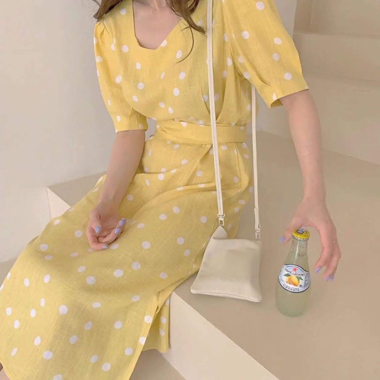 2019 New Style Chic Vintage Slim Square Neck Lantern Sleeve Long Polka Dot Dress Pink Yellow Blue 80s French | Женская одежда