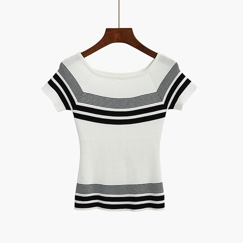 Summer Knitted Tees For Women 2019 Off Shoulder Sexy Pullovers Striped Female Knitting Shirts M L Basic Tops Cool Sweaters Hot | Женская