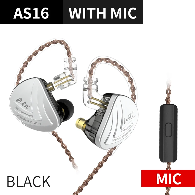 Black Mic KZ AS16 16BA блоки сбалансированные арматуры Hifi бас в ухо монитор наушники шумоподавления наушники для олова P1 ZS10 ZSX - Цвет: Black Mic