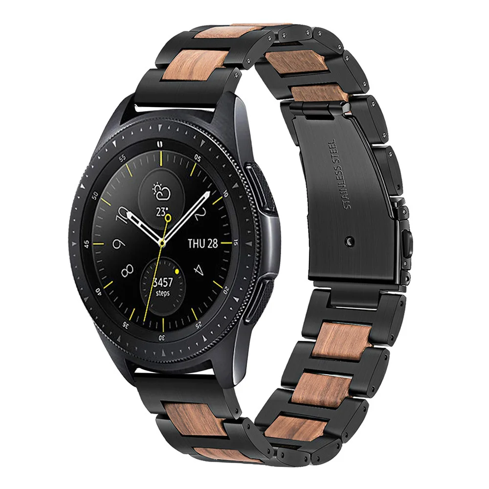 Black Ремешок из натурального дерева и нержавеющей стали для samsung Galaxy Watch 42 мм/Active/Active2 40 мм 44 мм быстросъемный ремешок на запястье - Цвет ремешка: Black