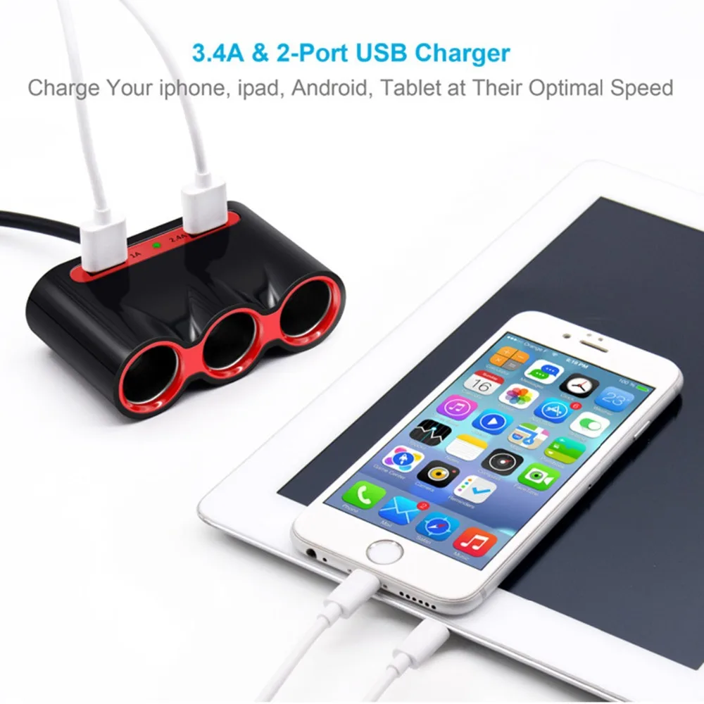 120 W 3 автомобильный прикуриватель адаптер 3.4A двойной зарядное устройство USB