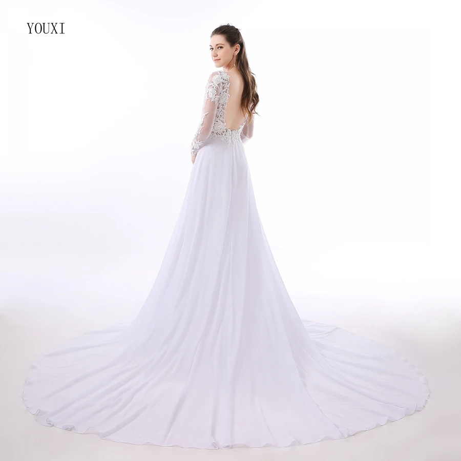 Сексуальное шифоновое вечернее платье с аппликацией и длинными рукавами белые