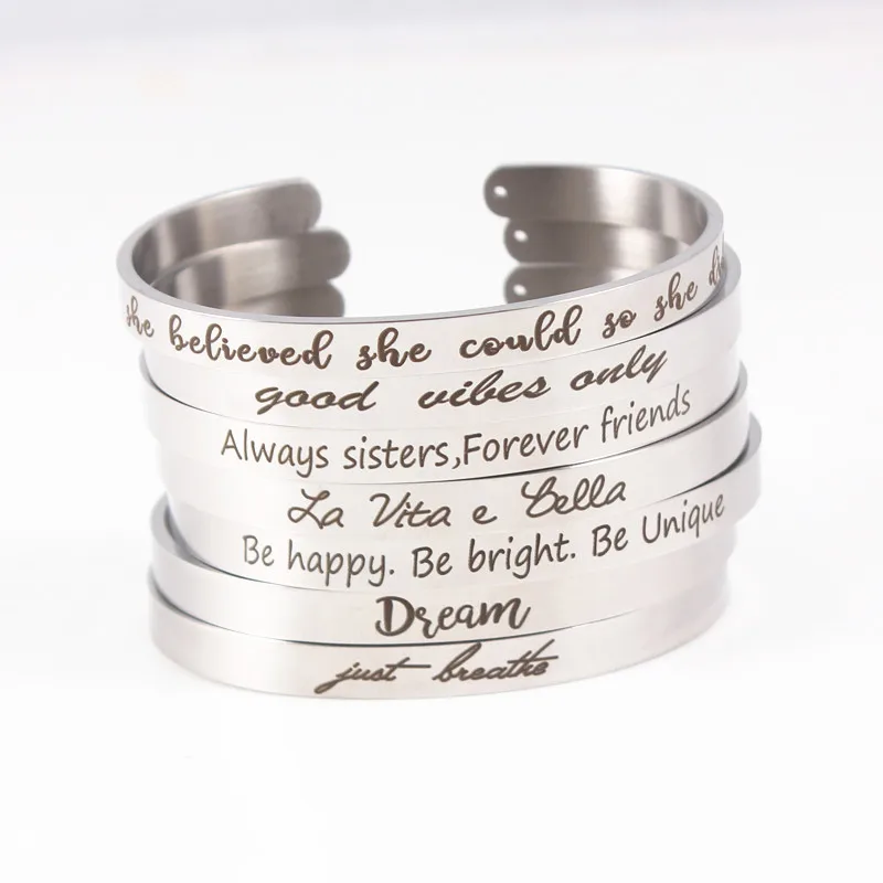 

2018 316L Stainless Steel Bangle Positive Inspirational Quote Cuff Bracelets Mantra Bracelets Bangles for Women Men Gift